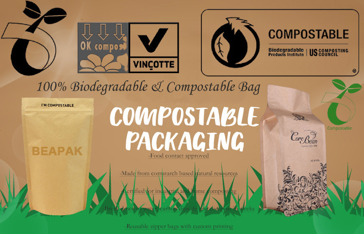 Stand Up PLA Biodegradable Packaging Bag Food Grade