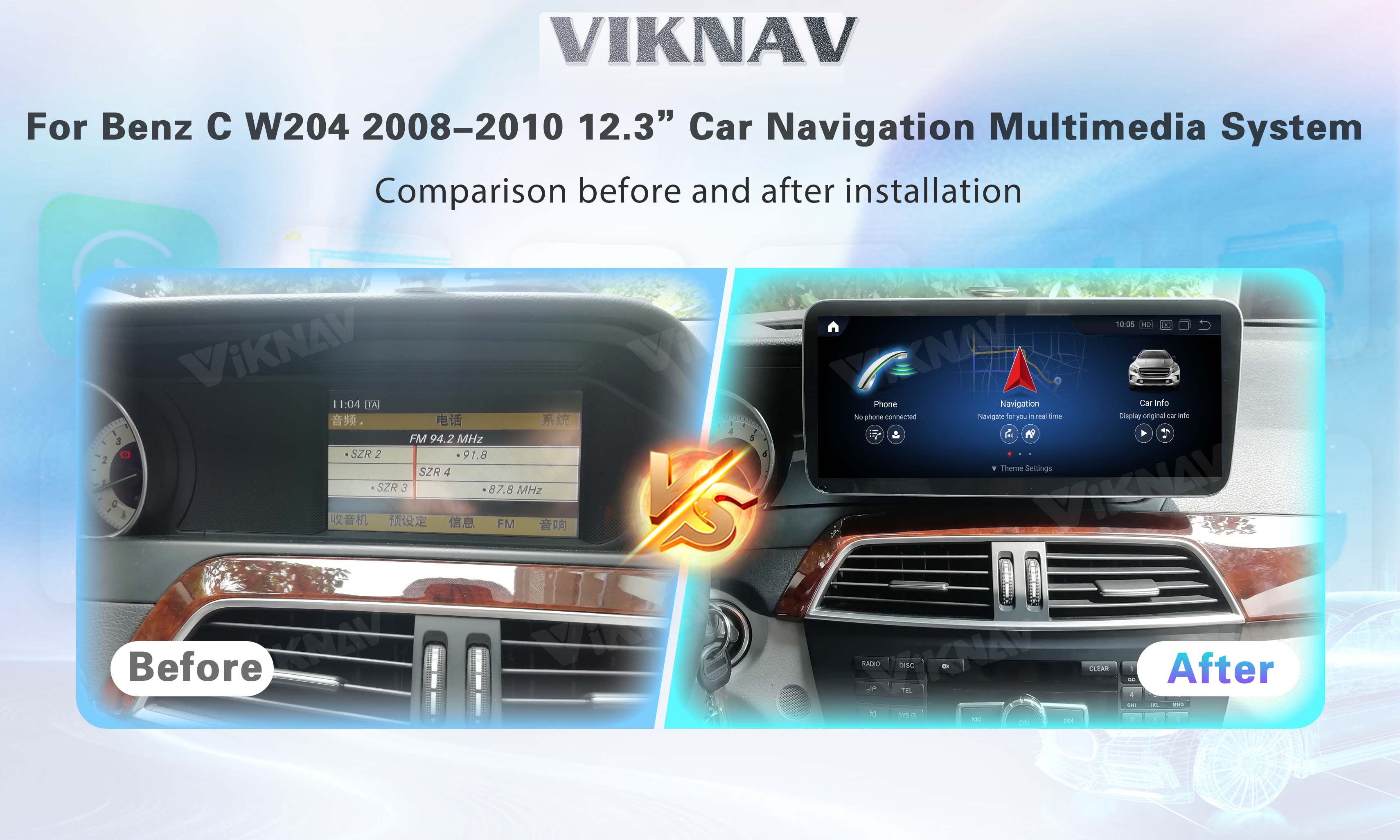 Viknav 12.3 Inch Android Car With Screen Multimedia Player For Mercedes Benz C Class W204 2008-2010 GPS 2Din NTG4.0