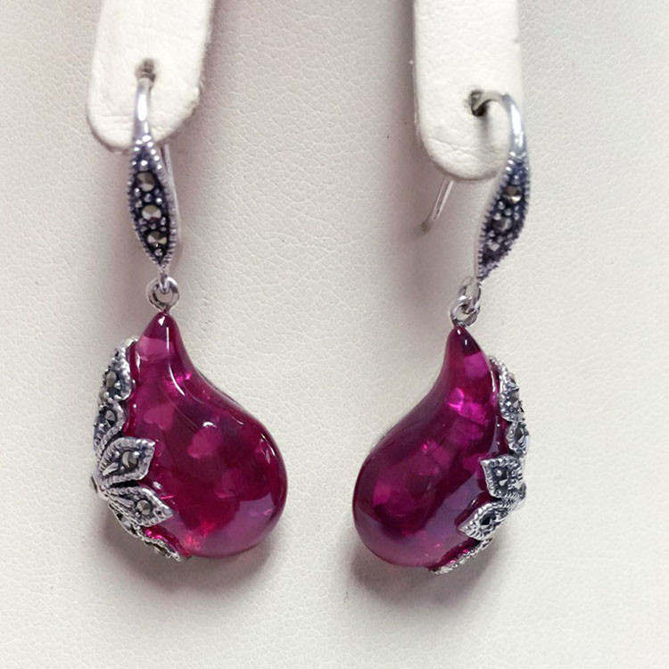Sterling Silver Marcasite Earrings Pink Cubic Zircon Retro Jewelry (JA1729PINK)