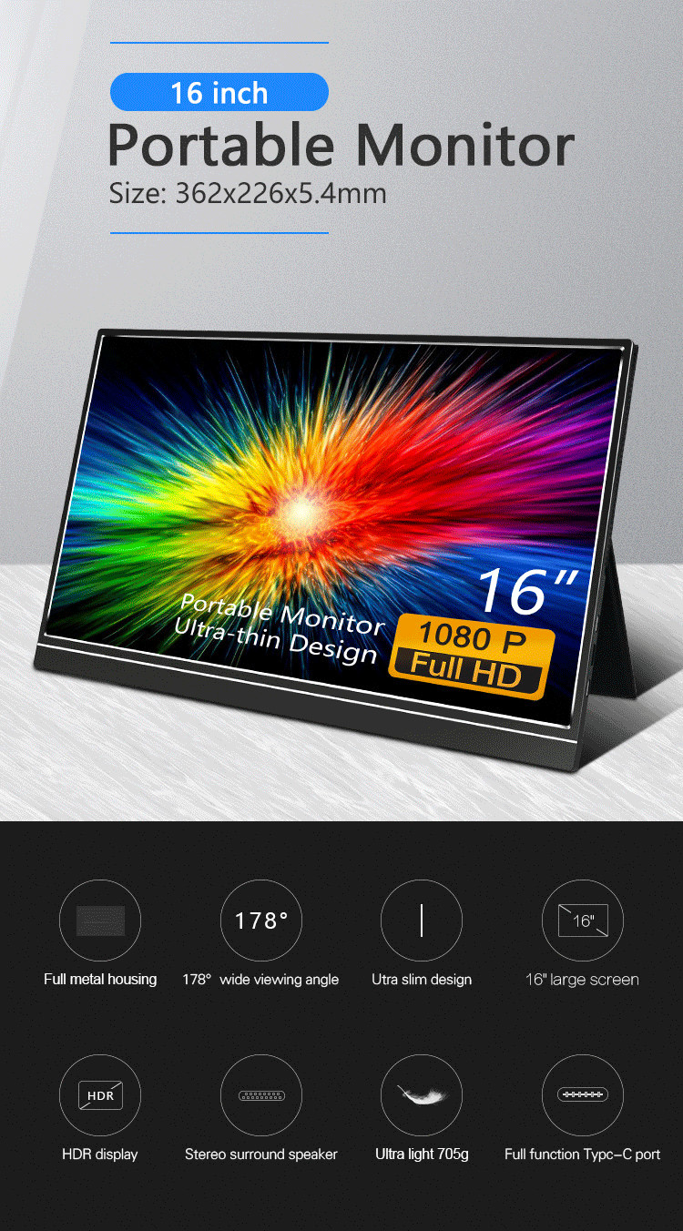 60Hz Refresh Rate 16inches Portable Touch Display For Laptop / Smartphone