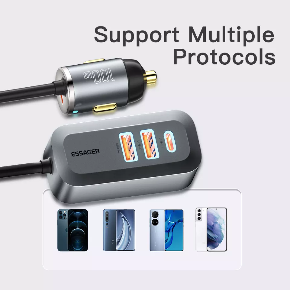Essager 2022 Doution Car Charger 1.5m Extension Cable 2C2A 100W Car Charger For Huawei Xiaomi Mobile Phone
