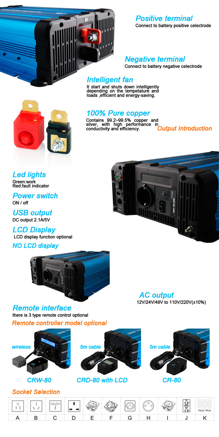 SolarverTech Durable 2000 Watt Pure Sine Wave Inverter 12V For Office