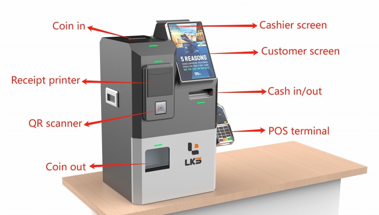 User-Friendly Dual Screen Self Payment Kiosk with Cash Coin Handling and Software