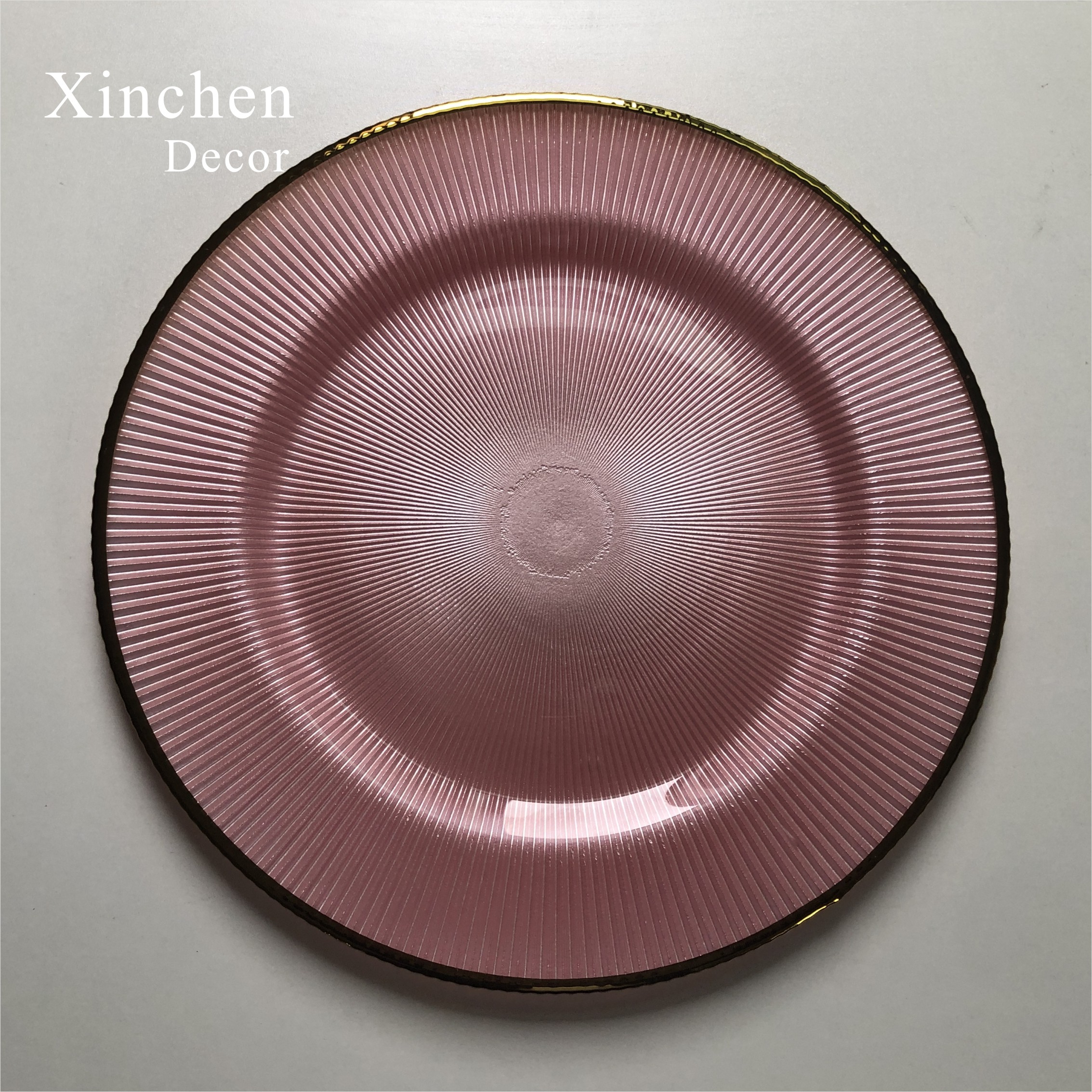Glass Charger Plates Wedding Luxury Golden Edge Pink Stripe Rounded