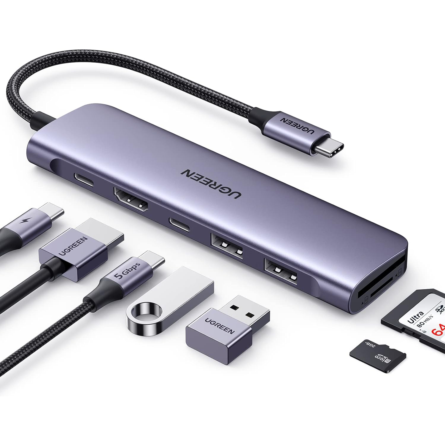 1071 USB C Hub for Laptop 7 in 1 USB C Dongle 4K-HDMI , 100W PD Charging, USB-C & 2 USB-A 5Gbps Data Ports, SD/TF