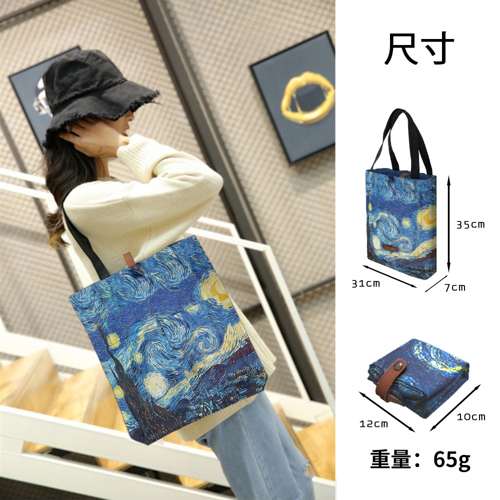Customize Polyester Foldable Oil Painting Tote Bags Reusable Shopping Bag For Groceries Shoulder Bags