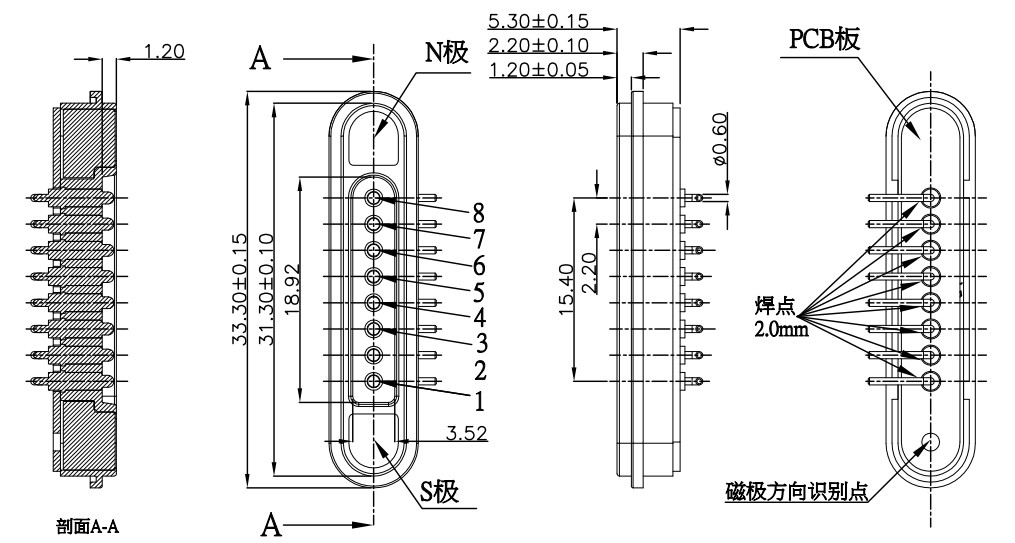 Right Angle Magnetic Connectors 8 Pin Spring Loaded Connector Male Female
