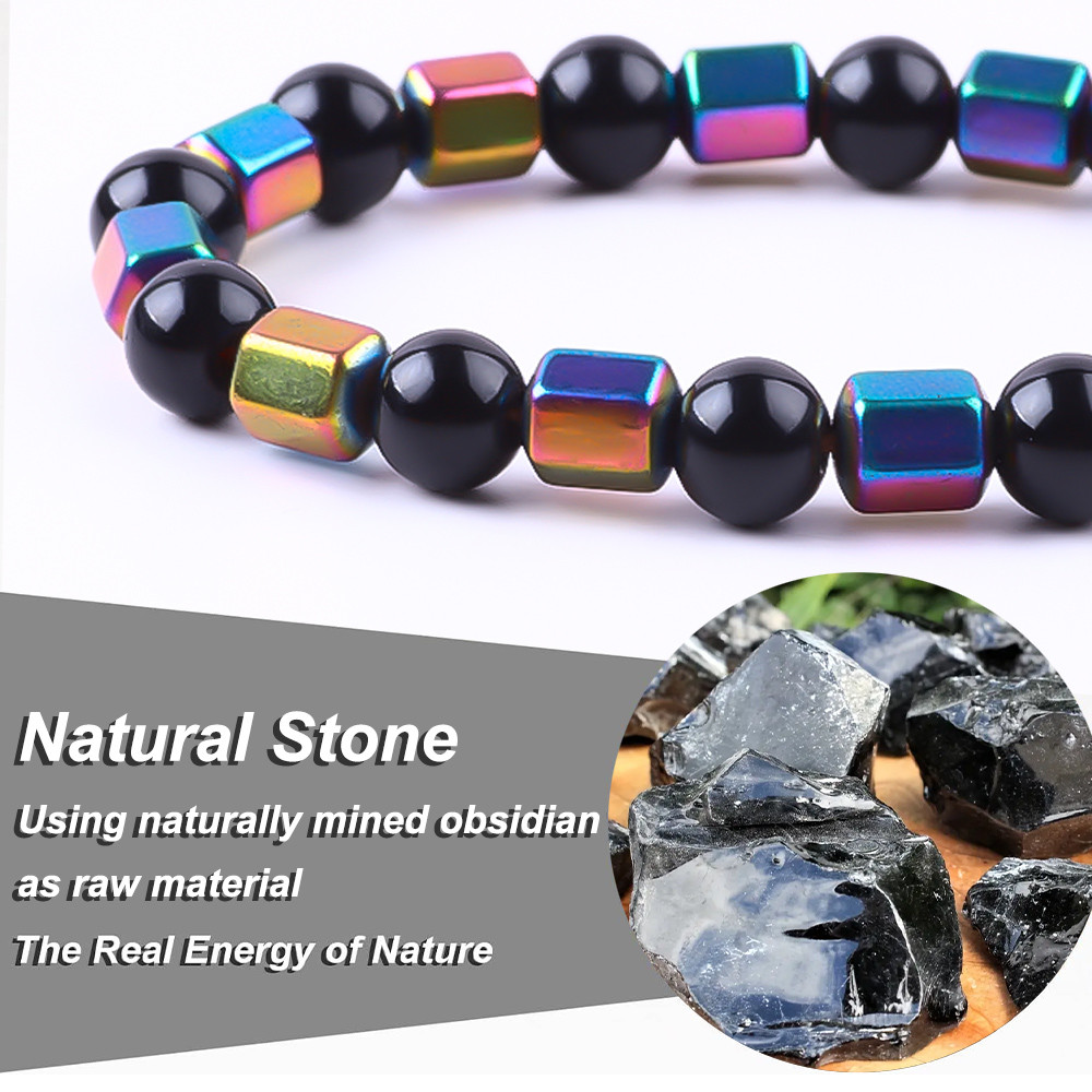 8mm Handmade Natural Elastic Crystal Stone Obsidian Hematite Bead Bracelet