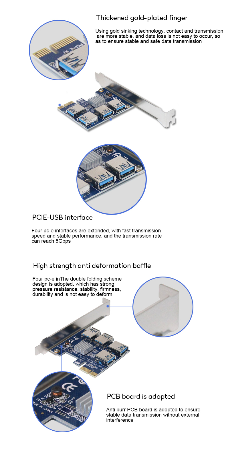 60cm USB 3.0 Cable PCI E Expansion Card 3x FP Solid Capacitors Gold Plated Contacts