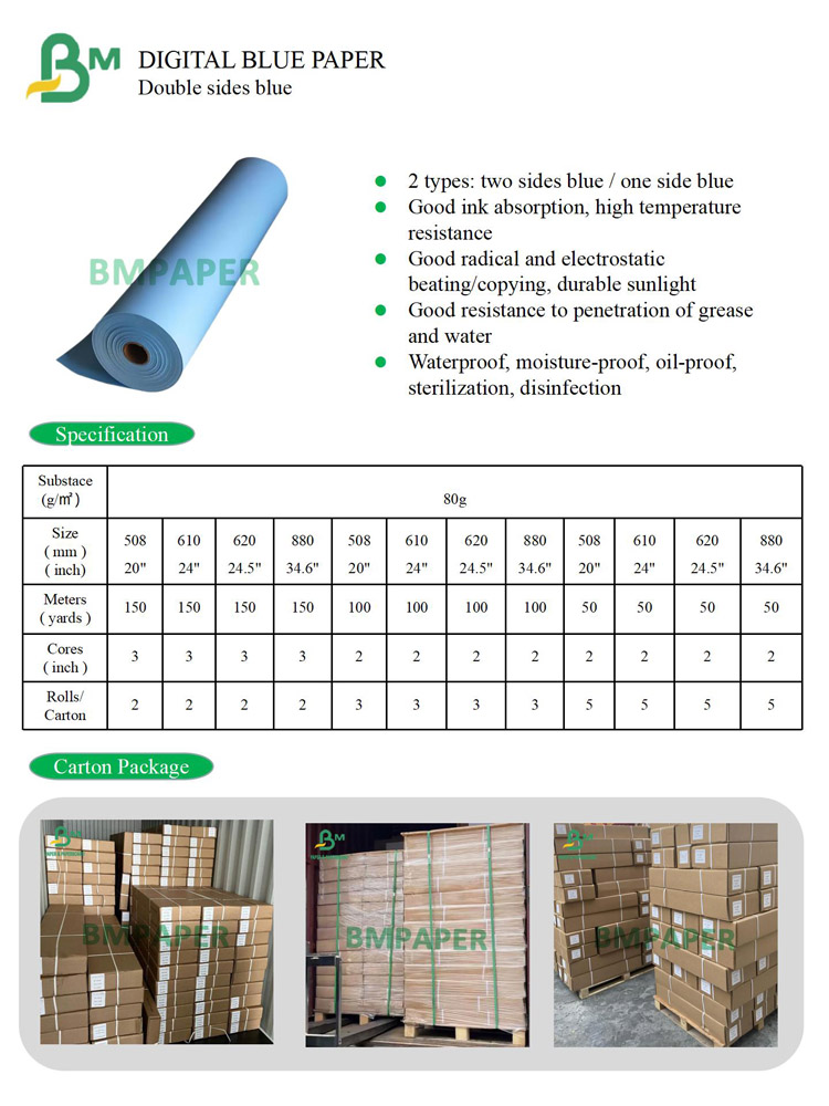 Blue Plotter Paper Roll Double Sided Blueprint Paper Customized Width 50m 100m 150m Length 