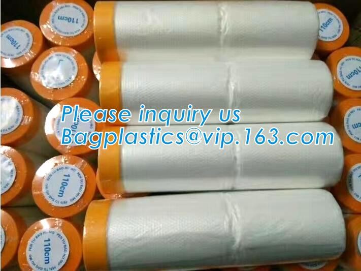 Disposable PE pre-taped self static cling masking film, Cover mask plastic drop film PE protection film with tape, BAGEA