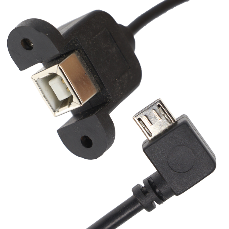 Custom Screw Locking 90 Degree Angle Micro B Male USB 2.0 Type B Female Panel Mount Extension Cable