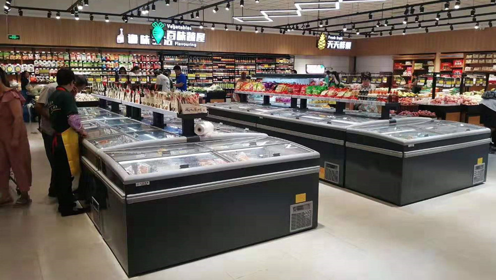 Supermarket refrigeration equipment chest display freezer double island freezer with glass door