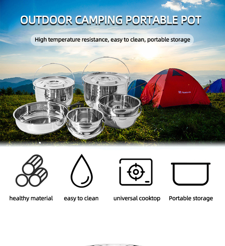 High Quality 9 Pieces Stainless Steel Outdoor Tableware Set Camping Cooking Pot Sets Outdoor Cookware Sets