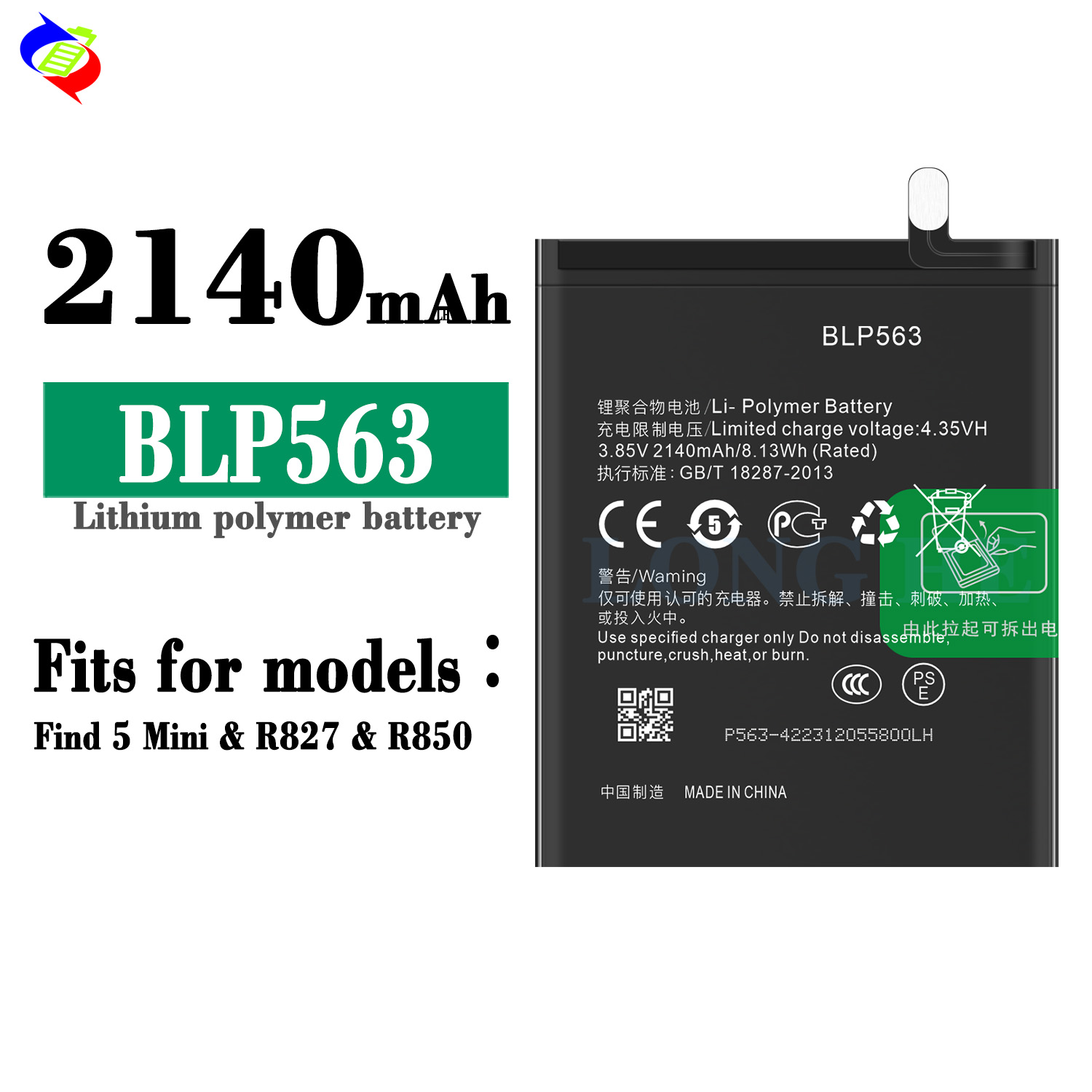 Black Lithium Ion Polymer Battery BLP563 478mAh 3.85V for OPPO Find5 mini R827 R850 Rechargeable