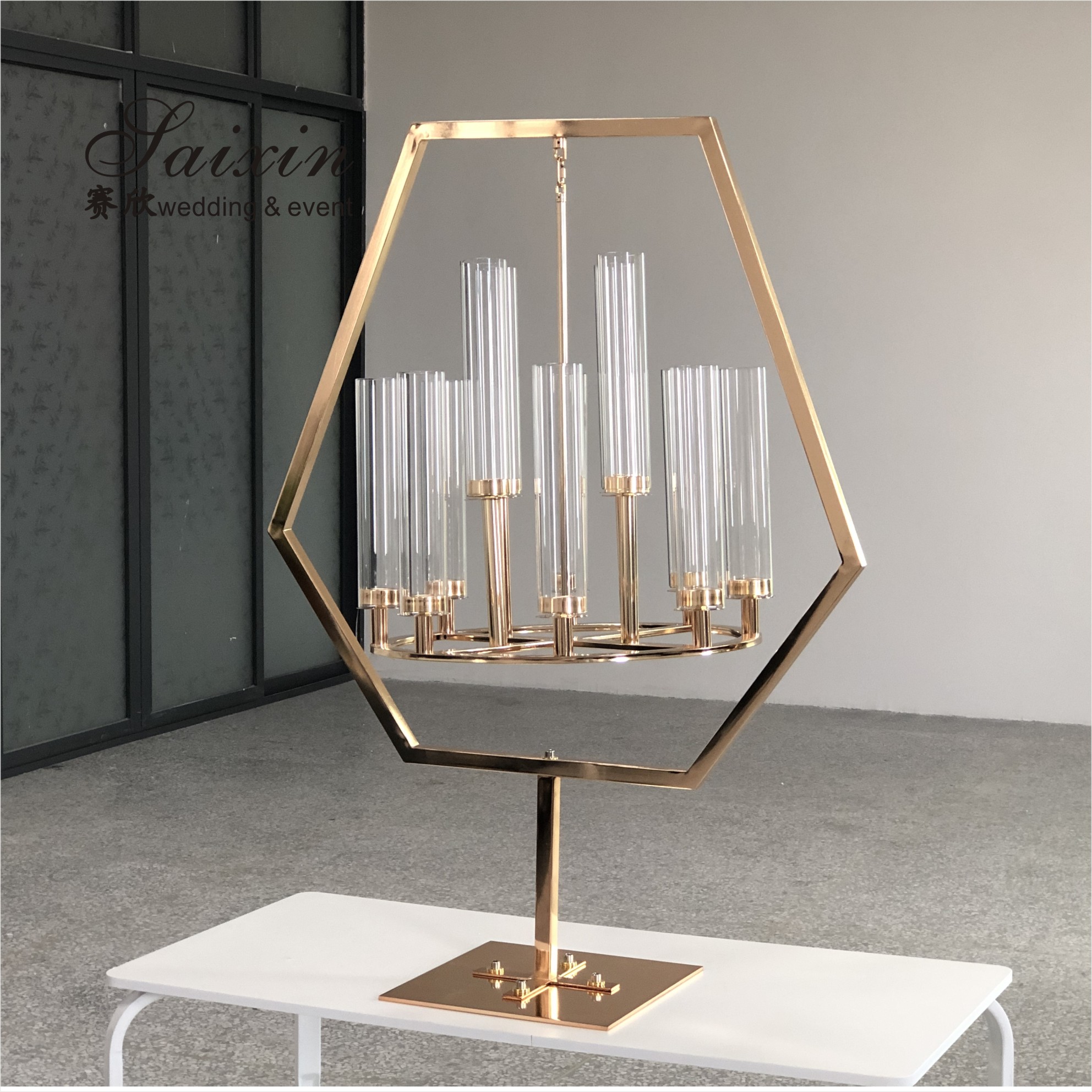 Silver Hanging Metal And Crystal Candelabra Hexagon Frame Stand 12 Arms