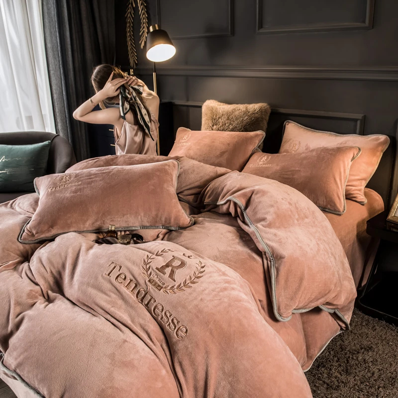 Customized Solid Milk Velvet Embroidery Bedding Set Thickened Warm Flannel Four Piece Set