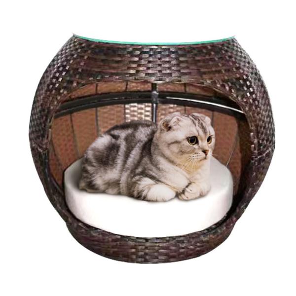 13mm Eco-Friendly Rattan Cat Bed Woven Apple-Shape Dome Cat Cave Cushion Coffee