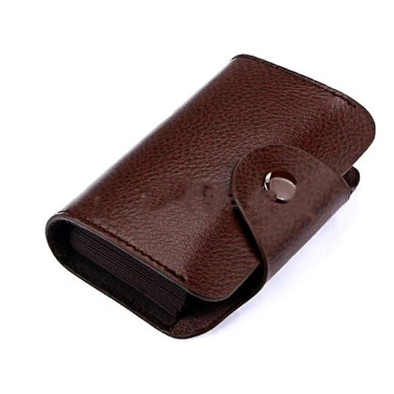 Leather Button Wallet Short Business Card Wallet with RFID Protection and Lock Buckle