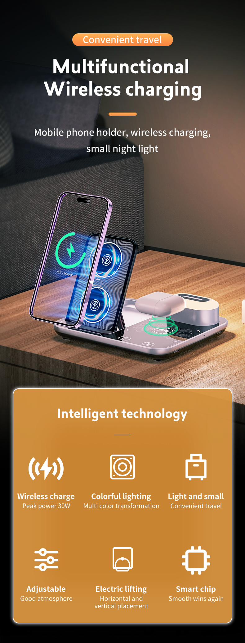 OEM 15W 10W Fast Qi LED Light 3 In 1 Wireless Charging Station For Mobile Phone Tablet