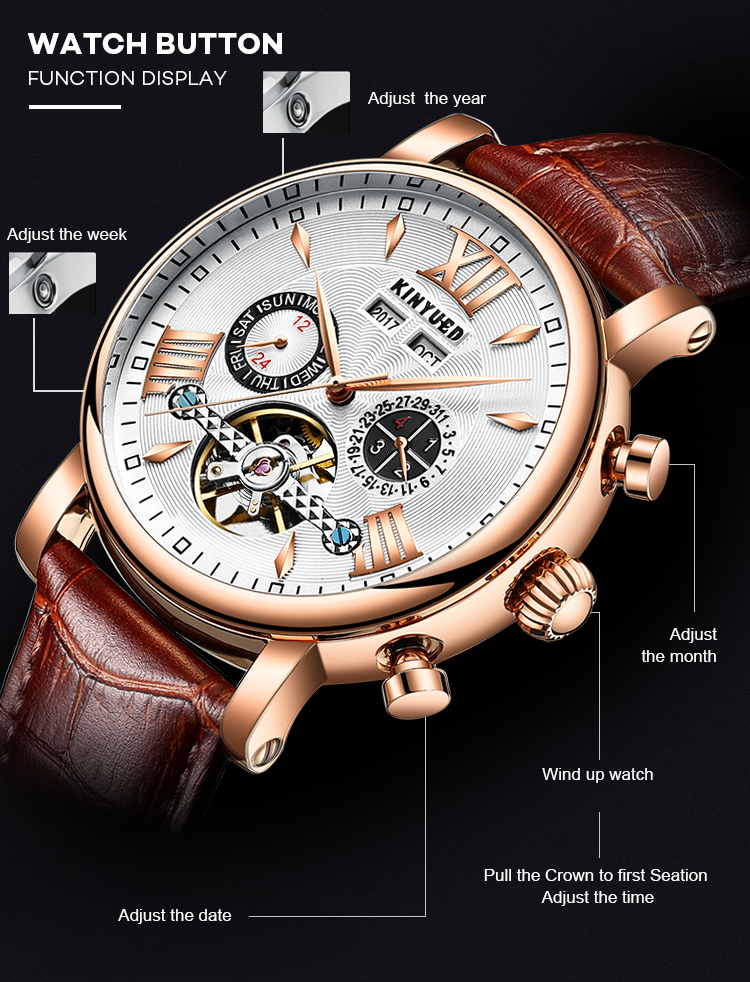 KINYUED J017-1 White Dial Gold Case Leather Strap Complete Calendar Skeleton Automatic Mechanical relojes Watch