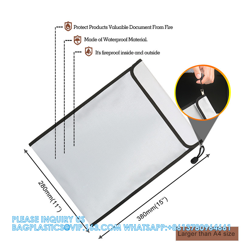 Large Size Fireproof Document Bag Non-Itchy Silicone Coated Fiberglass Waterproof Document Holder With Shoulder Strap