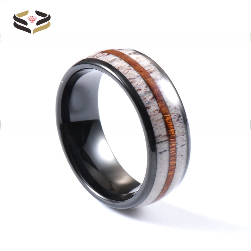 Stunning Men's Wedding Band with Antler and Koa Wood Inlay Comfort Fit 8mm Black Tungsten