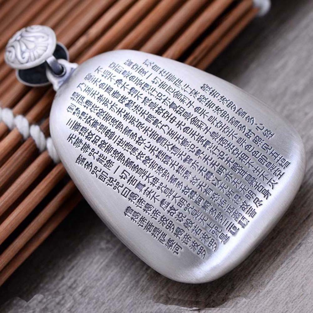 Women Engraved Sutra Flower Sterling Silver Drop Pendant Necklace Buddhist Jewelry (N808063)