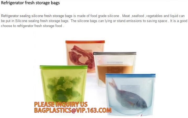 Storage preservation reusable silicone food bag,FDA reusable silicone storage food bag with Zip lockk in microwave bagease