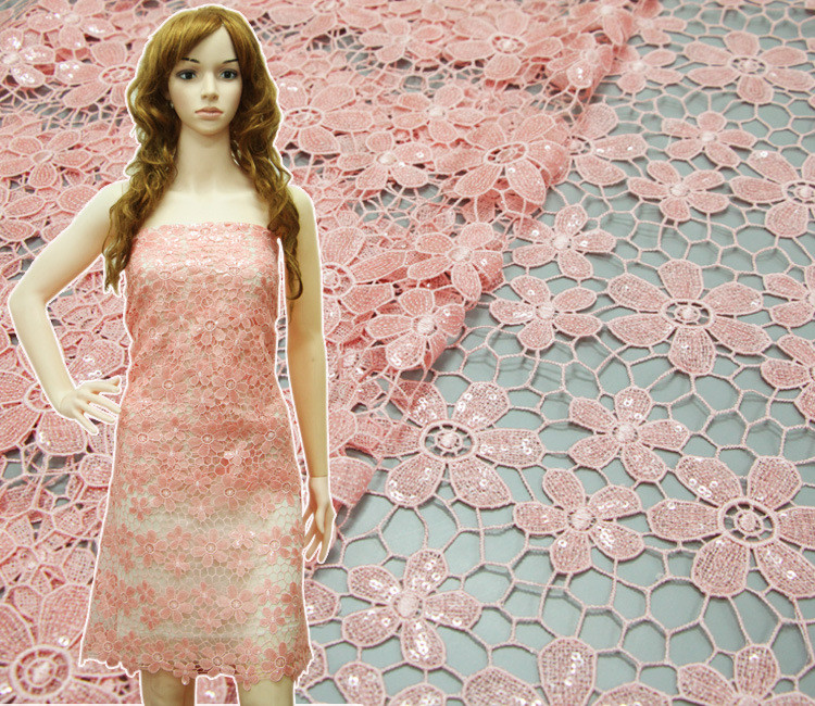 Chemical lace with Red/Pink /Orange Color + Embroidery 3 mm Sequin Lace Fabric
