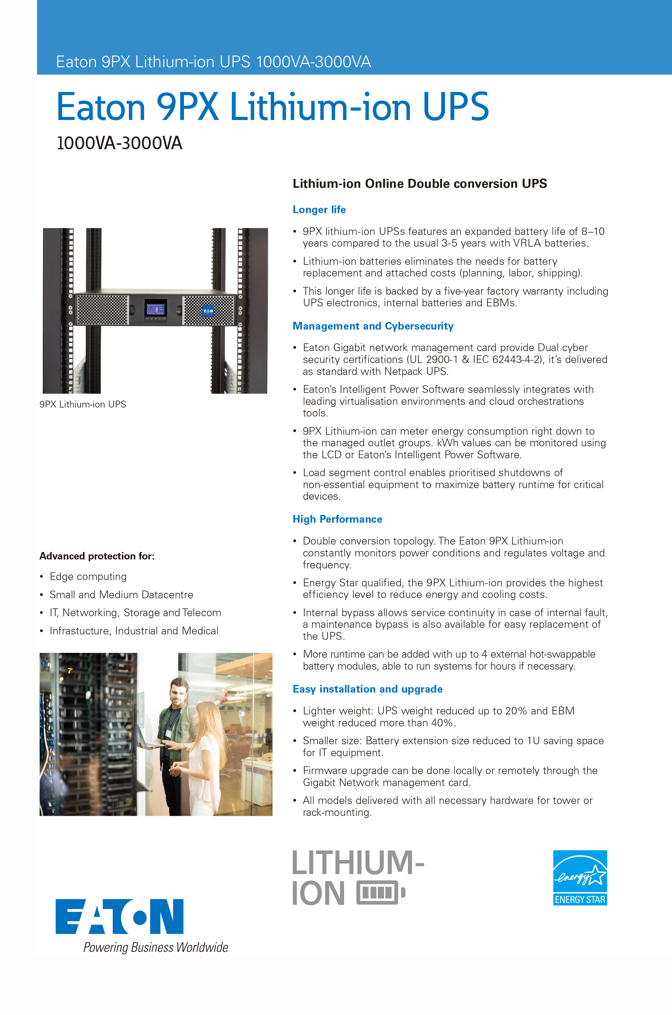 On-line Eaton 9PX Lithium 1KVA 1.5KVA 2.2KVA 3KVA Single Phase UPS For Computer/Networking