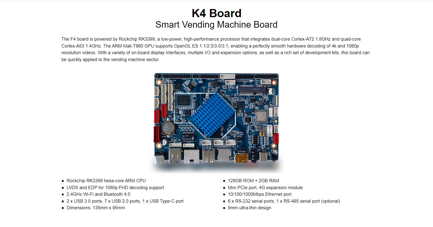Android 7.1 K4 Smart Vending Machine Board LVDS and EDP for 1080p FHD decoding support