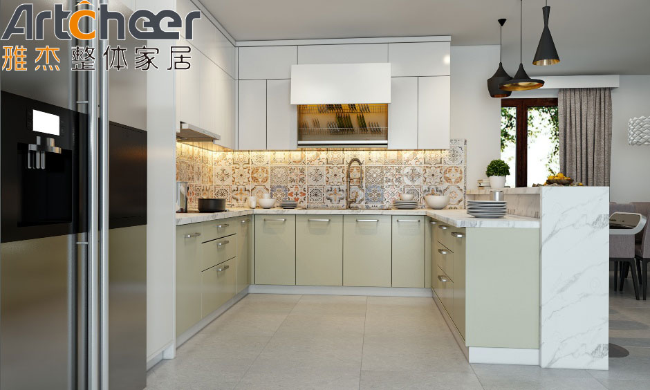 Green Color Quartz Stone Top U Shape Kitchen Cabinet for Modern Stylish Kitchen Design