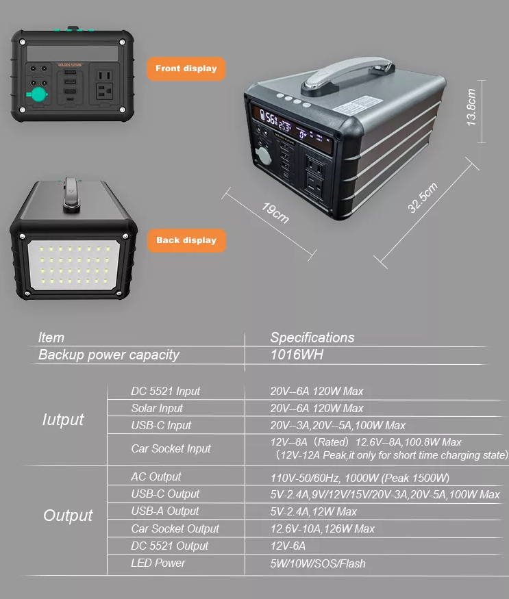 Large Capacity 1000W Solar Generator Portable Power Station Lithium Ion Battery Type 1016Wh