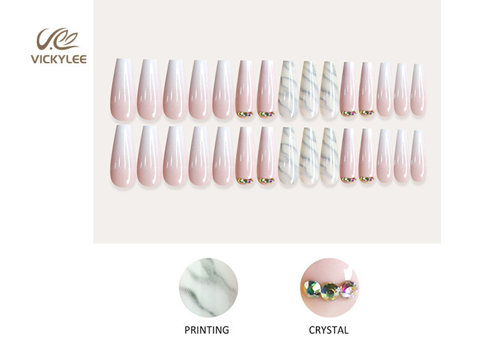 Fashionable Long Coffin Marbling ballerina fake nails Full Cover