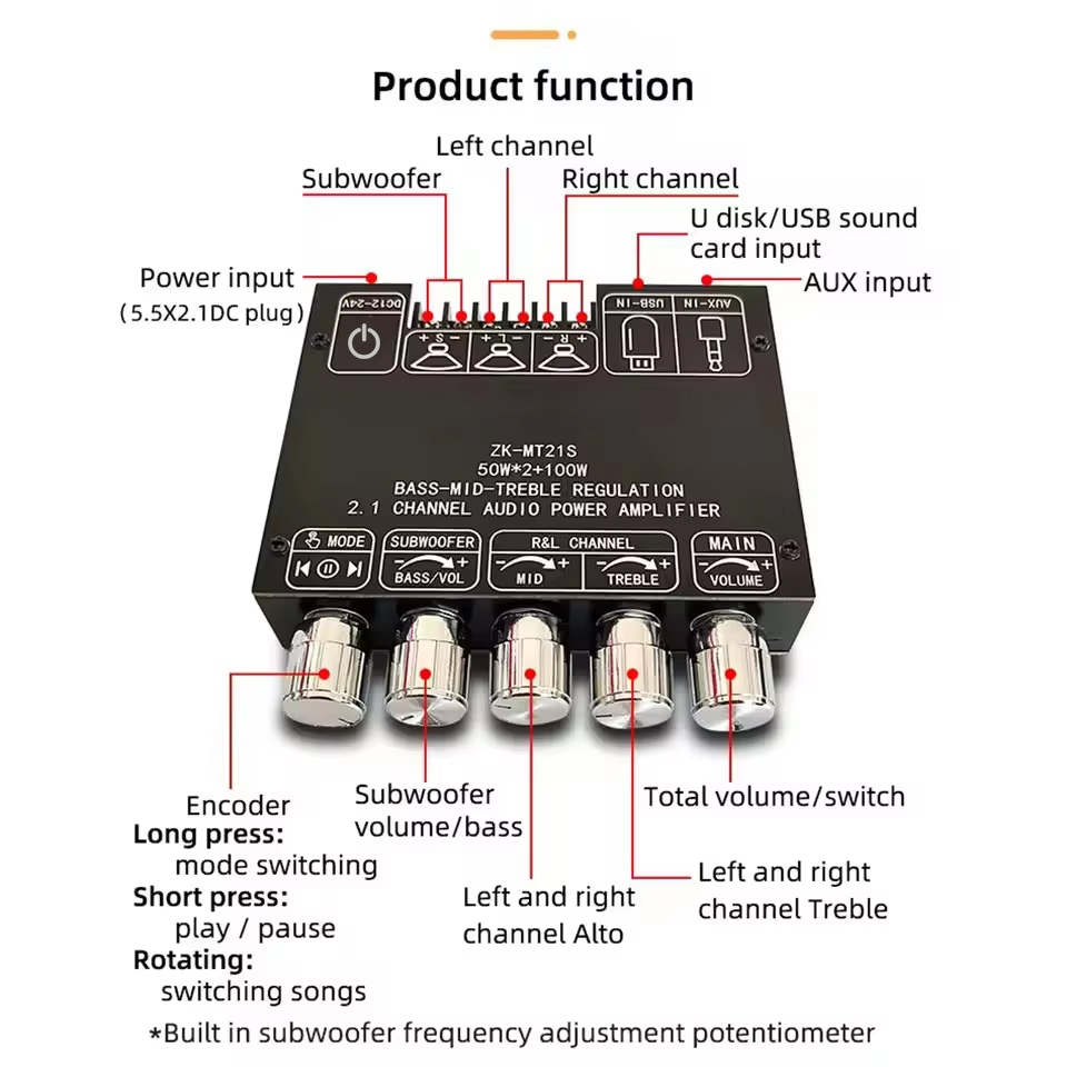 2.1 Channel Subwoofer AUX 12V 24V Audio Stereo 5.1 Bass Digital Power Amplifier Board ZK-MT21S 2x50W 100W for DC Adapter