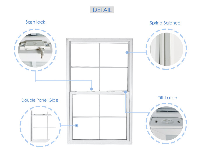 White UPVC Frame Single Hung Vinyl Windows With Grill Low E Argon Glass Windows