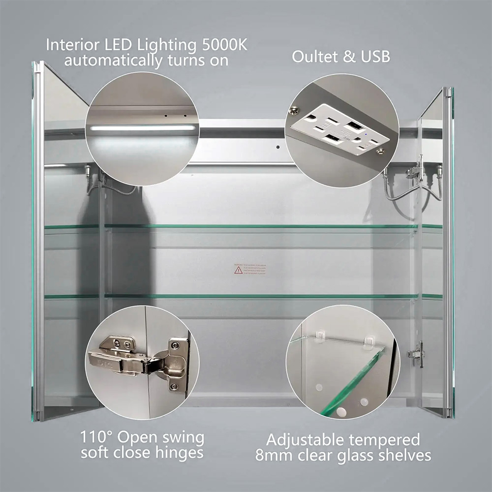 Silver LED Medicine Cabinet Wall Mounted Stainless Steel Mirror Cabinet Customized