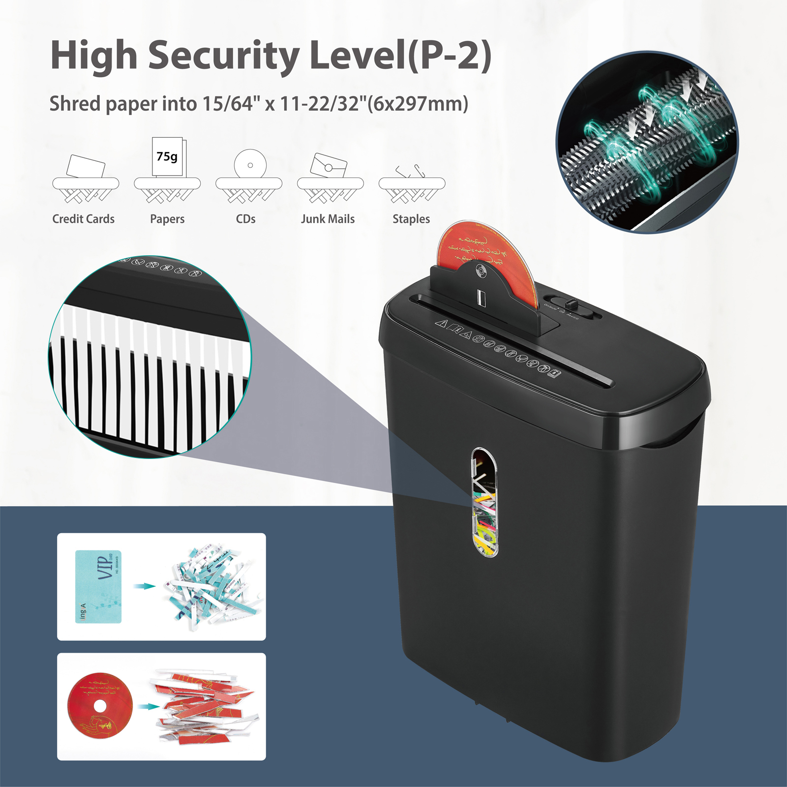 8 Sheets Strip Cut Commercial Paper Shredder With 11L Basket For Home Office SD108P