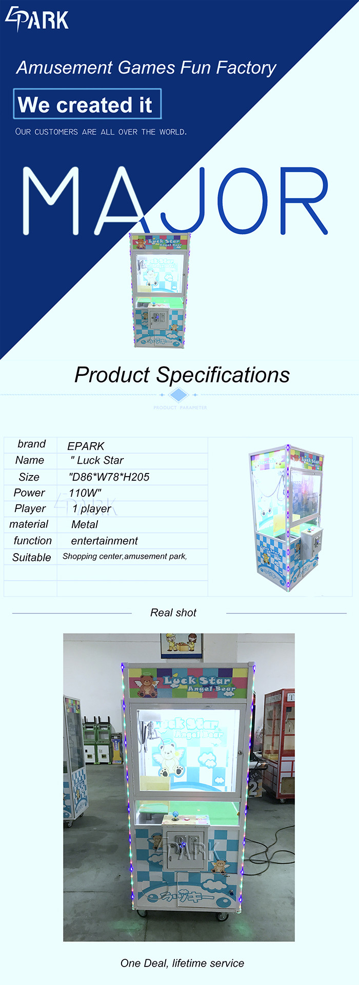Epark Arcade Toy Gift Candy / Claw Crane Prize Vending Game Machine