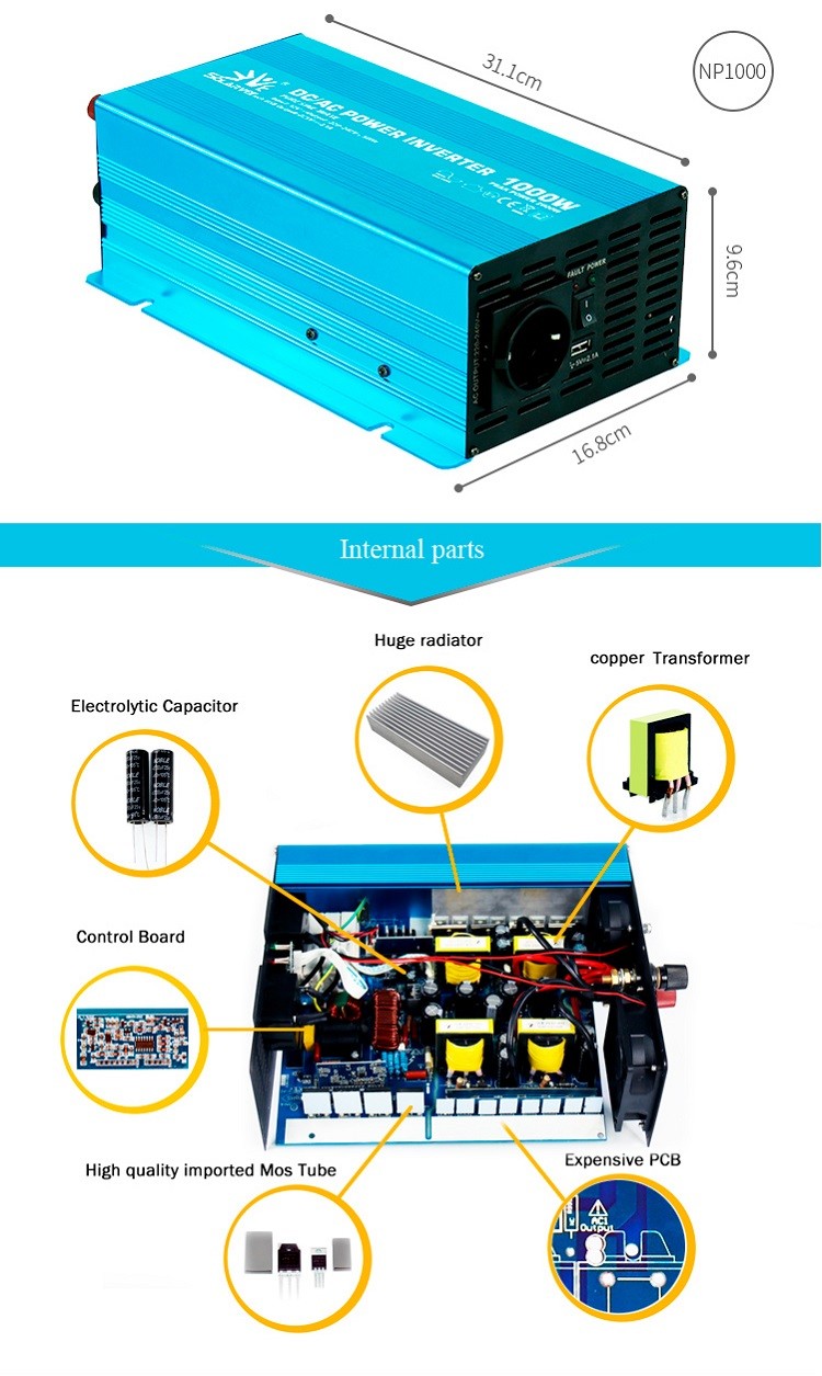 Aluminum Multiscene Inverter 12V Pure Sine Wave LED Digital Control 1000 Watt