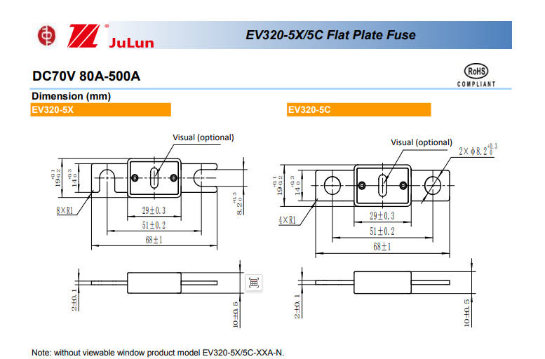 EV320-5X 5C DC70V 300A 400A 350A 6KA Maximum Breaking Current Electric Vehicle Fuse Compliant With ISO8820-5 And GB/T31465.5-2015 Standard