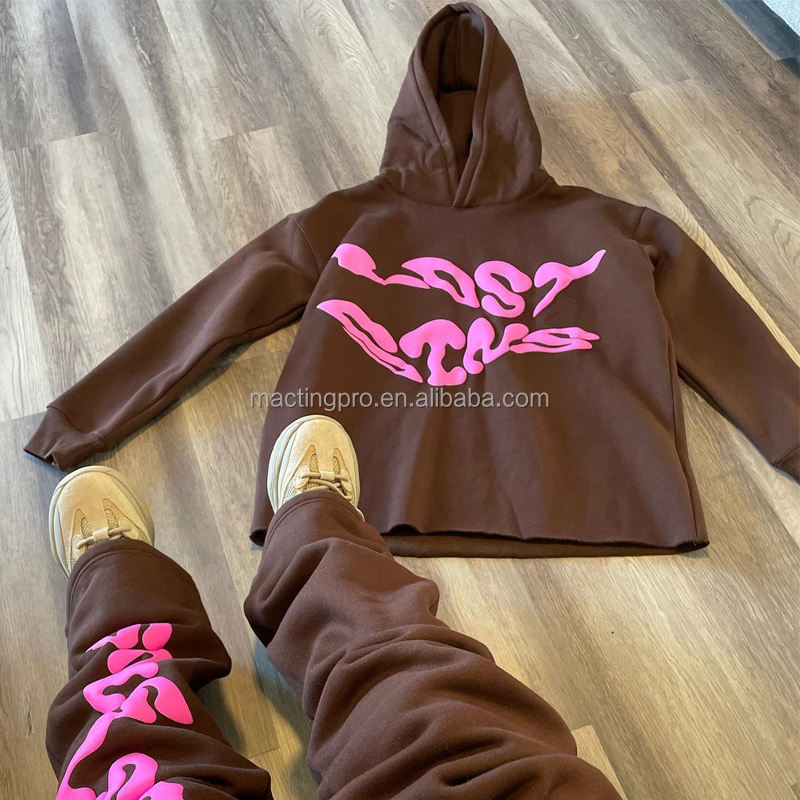 Cricket Cotton Tracksuit Custom Men'S Hoodie Set Puff Print Stacked Flared Pants