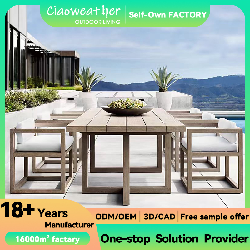 Waterproof Garden Hotel Teak Solid Wood Dining Table Set for Villa Courtyard Outdoor Tables and Chairs Leisure Furniture