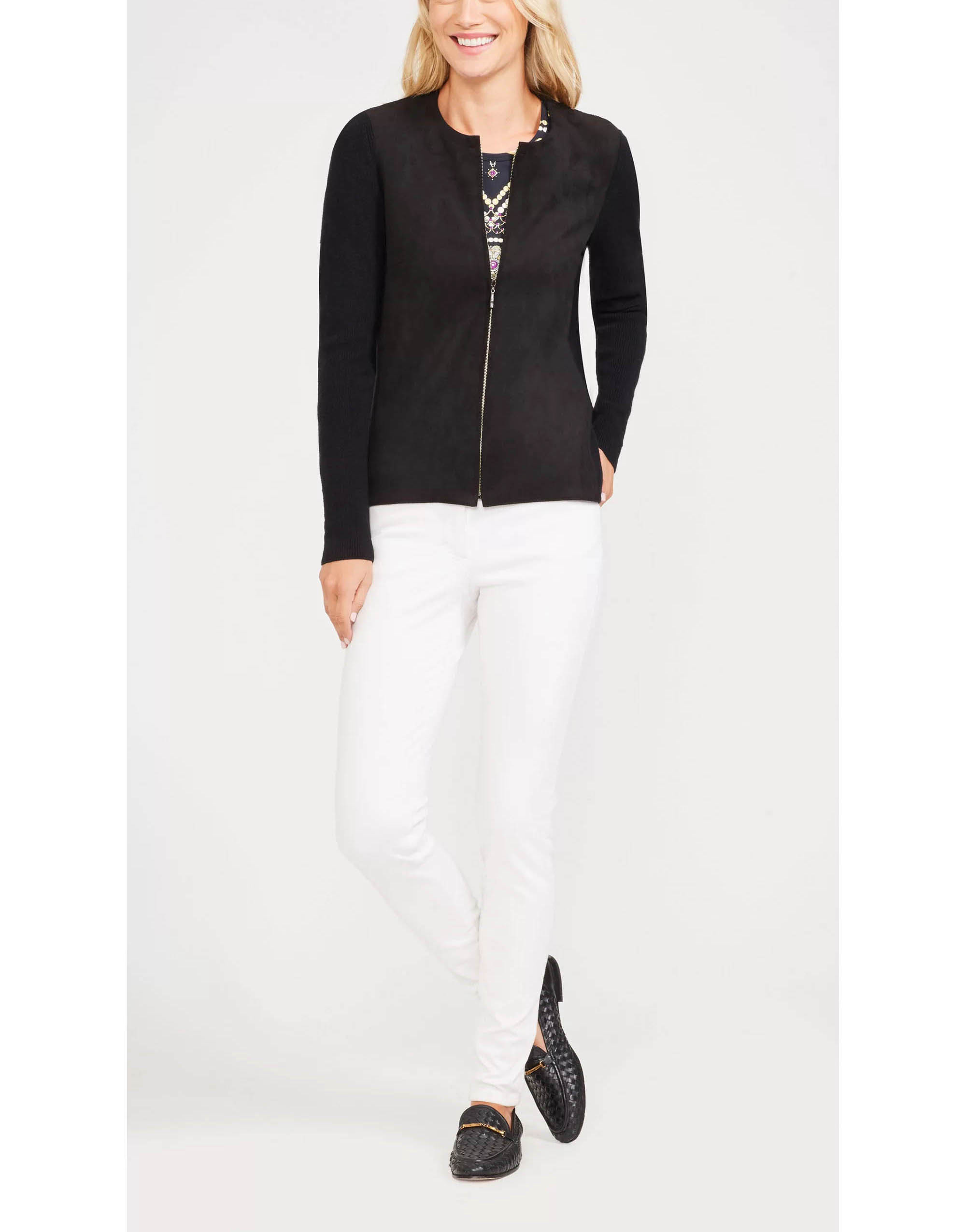 Knitted Ladies Cardigan Sweaters , Faux Suede Front Black Cardigan Sweater