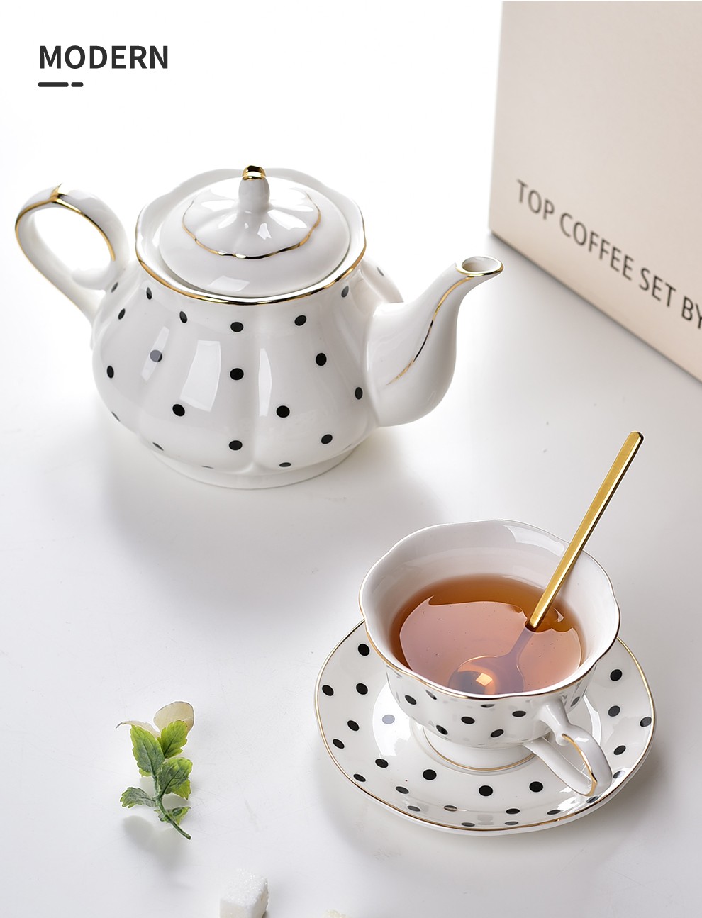 Light Luxury Ceramic Teapot Set With Gold Rim Porcelain Coffee Cups And Saucers