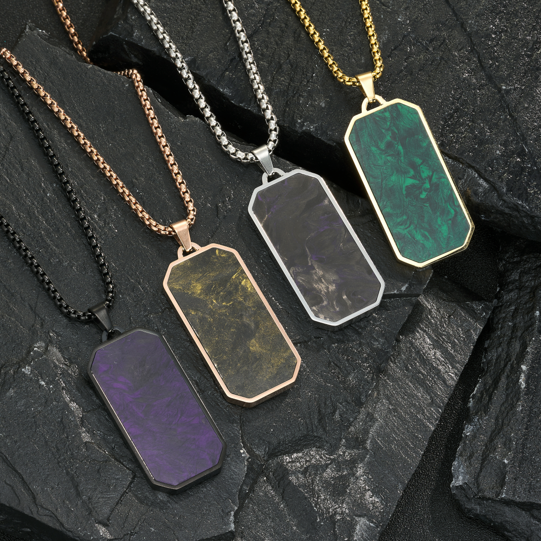Rectangle Men's Forged Carton Fiber Pendant Cross Stainless Steel Plated 14k Gold Necklace