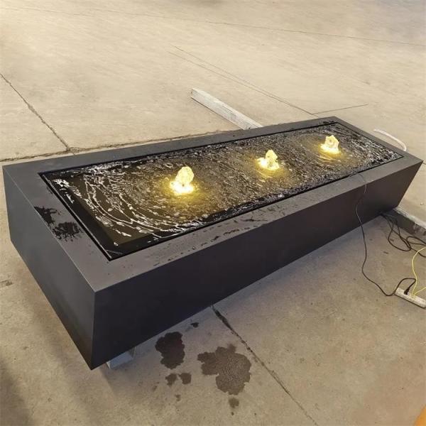 Dark Grey Rectangle Water Fountains Outdoor Metal Water Table Feature With LED