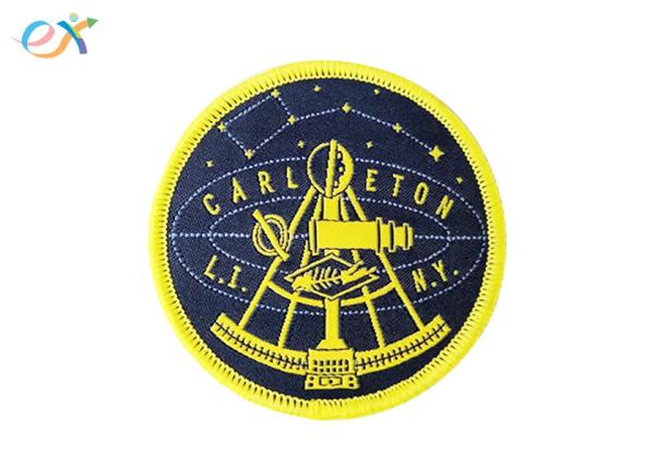 Woven Logo Polyester Fabric Patch , Round Shape Merrowed Edge Patch Paper Coated