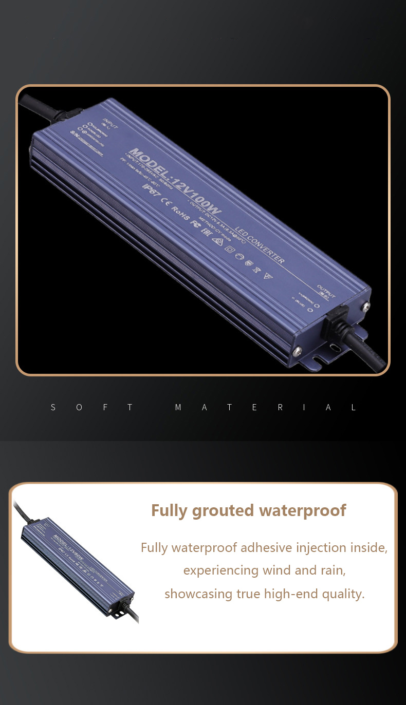Ultra Thin 12V/24V 2.5A -25A 60w 100w 200w 300w 400w IP68 Waterproof Power Transformer